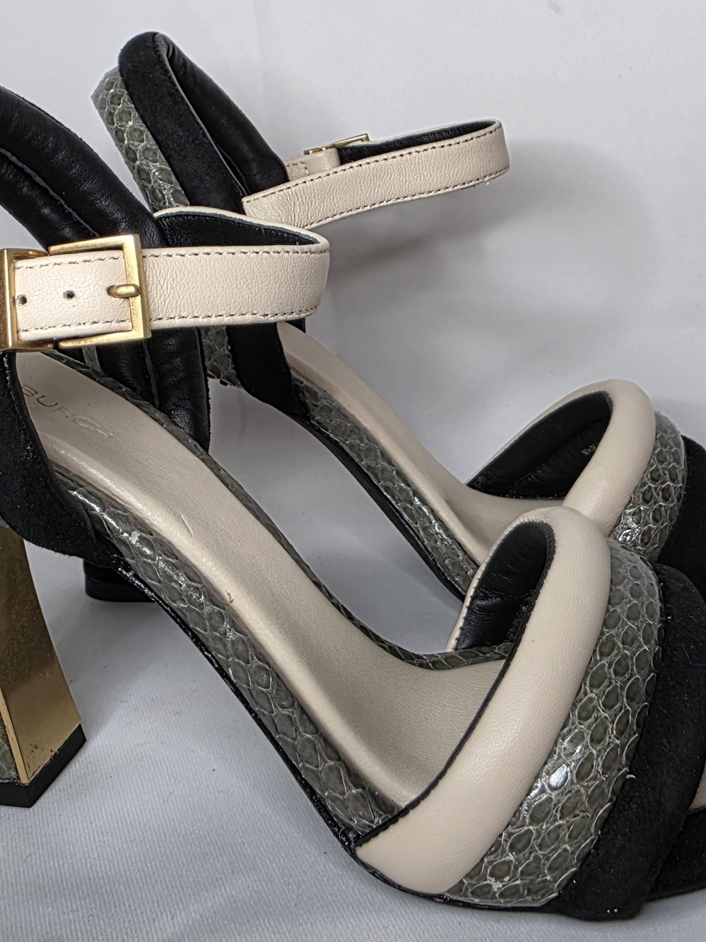 Tory Burch Black and Beige Ankle-Strap Heels with Gold Block Heel